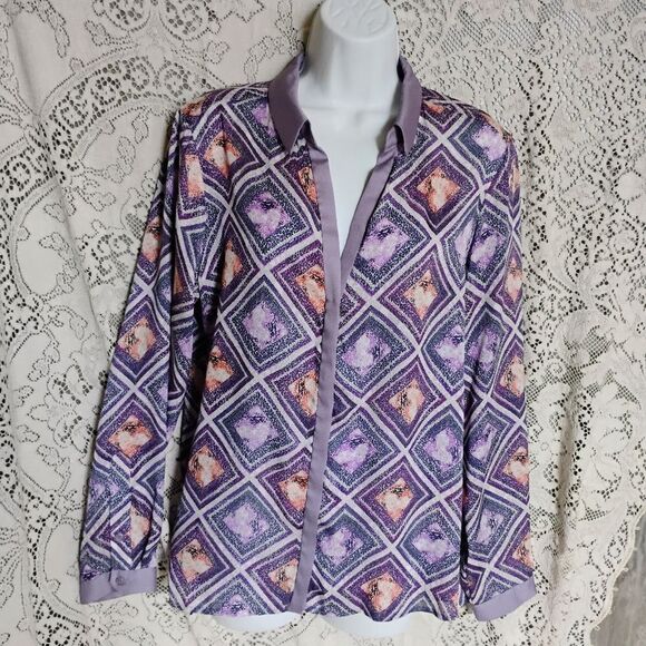 Women's XL MNG By Mango Button Front V neck Blouse Retro Plaid - Picture 1 of 12